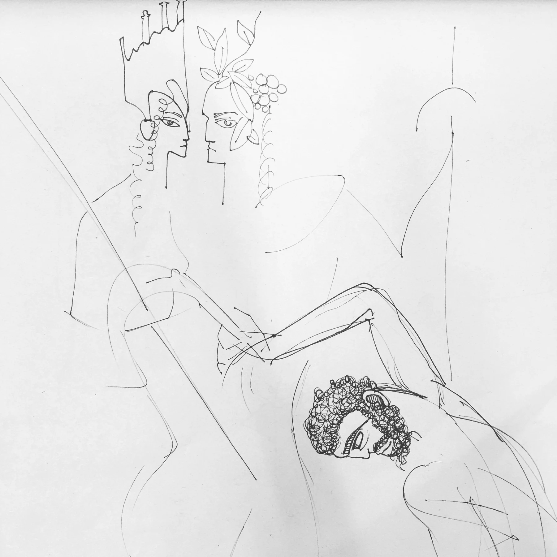 Andrea Brocca. The “Other” Olympians before the storm: Athena, Dionysus & Hephaestus (from illustrations for Mythology for Queer Futures), London, 2017