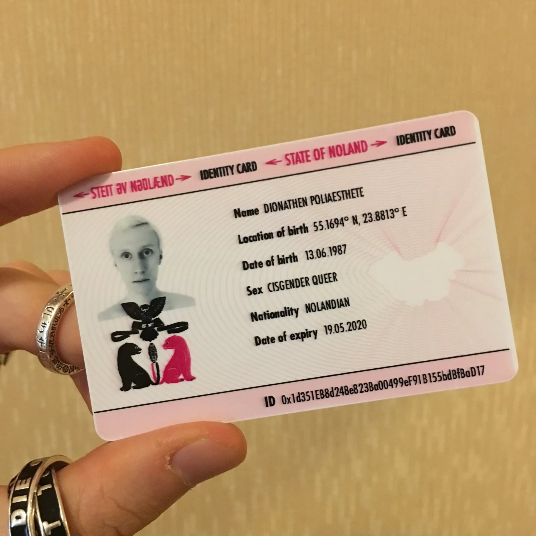 "The Identity Card of a Nolandian", printed plastic, 2018