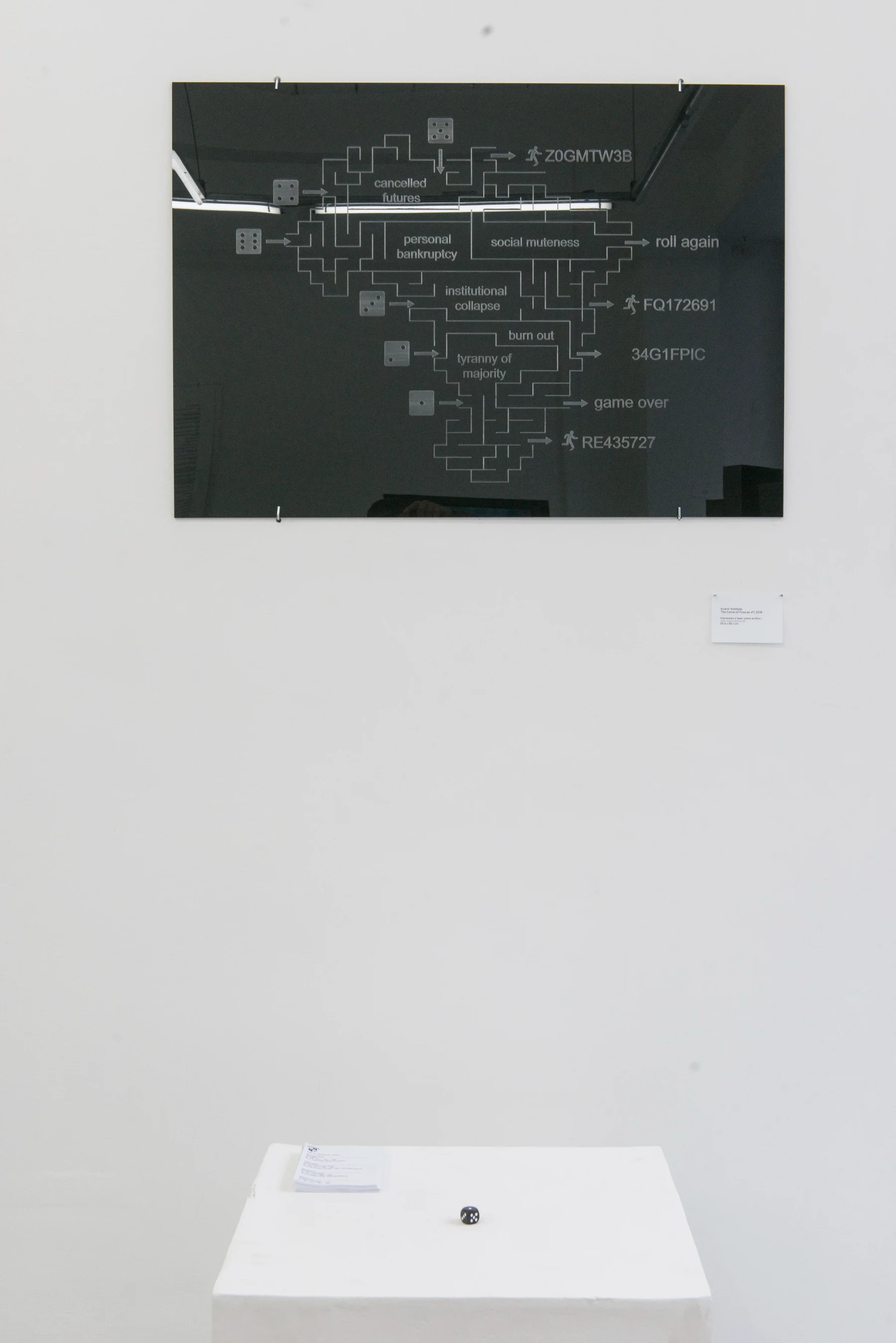 "Game of Futures #1", installation: laser engraved acrylic plastic, playing dice, plinth, paper. 2016