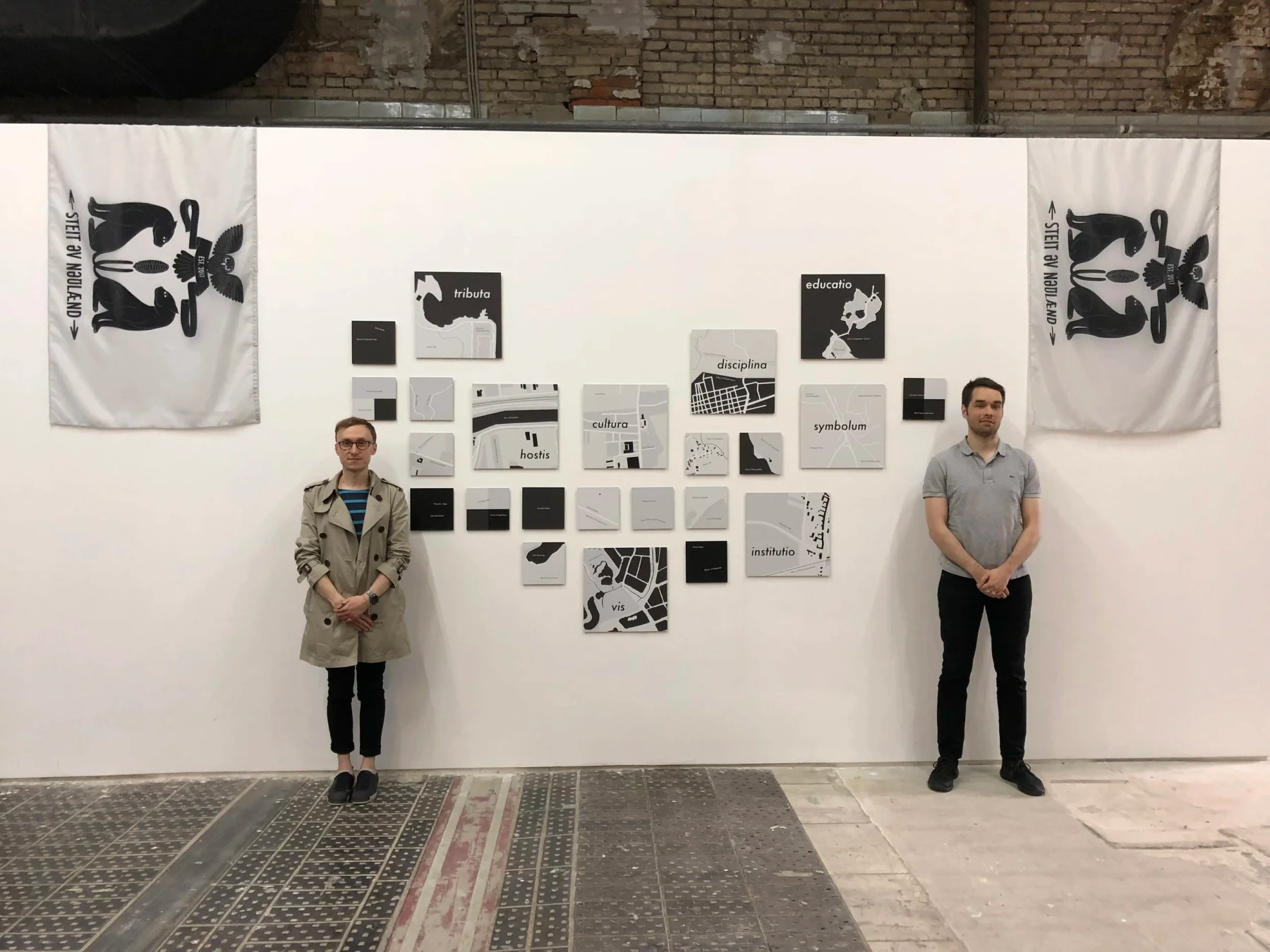 "The Diplomatic Mission of State of Noland in Russian Federation", installation (24 aluminium prints and 2 printed flags), 2018