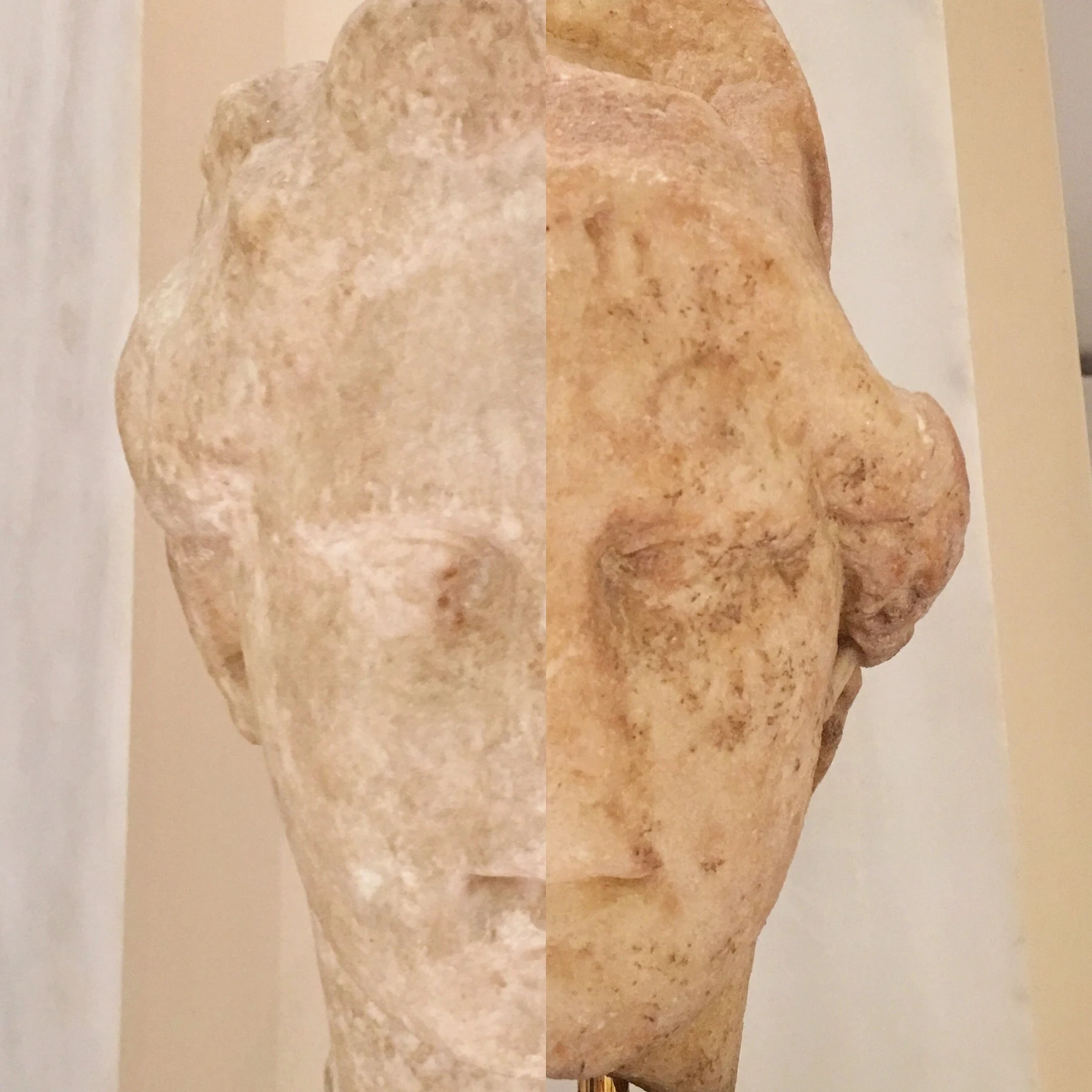 Marble head of Dionysos (from Piraeus, late 4th c. BC) / Marble head of Athena with Corinthian helmet (reign of Hadrian)